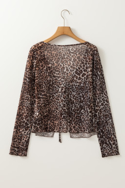 Multicolour Leopard Sheer Mesh Lace Up V Neck Long Sleeve Top