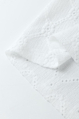 White Embroidered Floral Geometric Button Short Sleeve Top