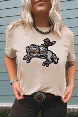 Khaki Rodeo Sequins Patch Graphic Crewneck Tee