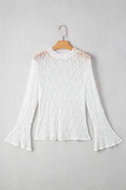 White Sheer Lace Bell Sleeve Mock Neck Blouse