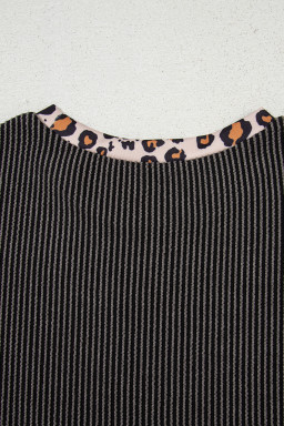 Carbon Grey Leopard Patchwork Trim Twisted Rib T Shirt and Cropped Pants Set