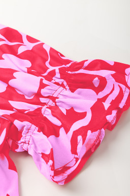Red Floral Split V Neck Ruffle Puff Sleeve Blouse