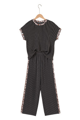 Carbon Grey Leopard Patchwork Trim Twisted Rib T Shirt and Cropped Pants Set