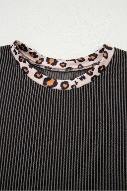 Carbon Grey Leopard Patchwork Trim Twisted Rib T Shirt and Cropped Pants Set