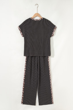 Carbon Grey Leopard Patchwork Trim Twisted Rib T Shirt and Cropped Pants Set