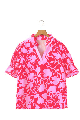 Red Floral Split V Neck Ruffle Puff Sleeve Blouse