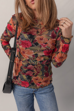 Multicolour Floral Print Lettuce Trim Long Sleeve Mesh Top