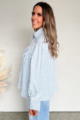 Sky Blue Striped Smocked Long Sleeve Quarter Button Shirt