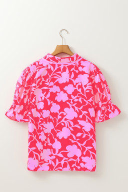 Red Floral Split V Neck Ruffle Puff Sleeve Blouse
