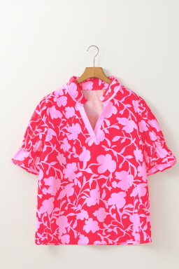 Red Floral Split V Neck Ruffle Puff Sleeve Blouse