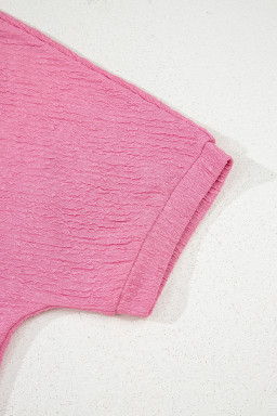 Pink Textured V Neck T Shirt and Shorts Set