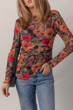 Top de malla de màniga llarga amb estampat floral multicolor i vora d'enciam