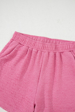 Pink Textured V Neck T Shirt and Shorts Set