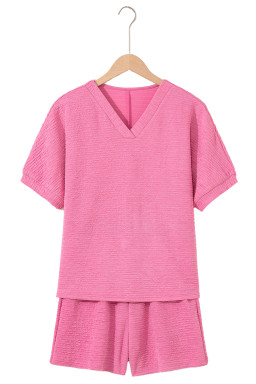 Pink Textured V Neck T Shirt and Shorts Set