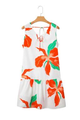 Red Floral Print Tie Front Ruffle Hem Mini Dress