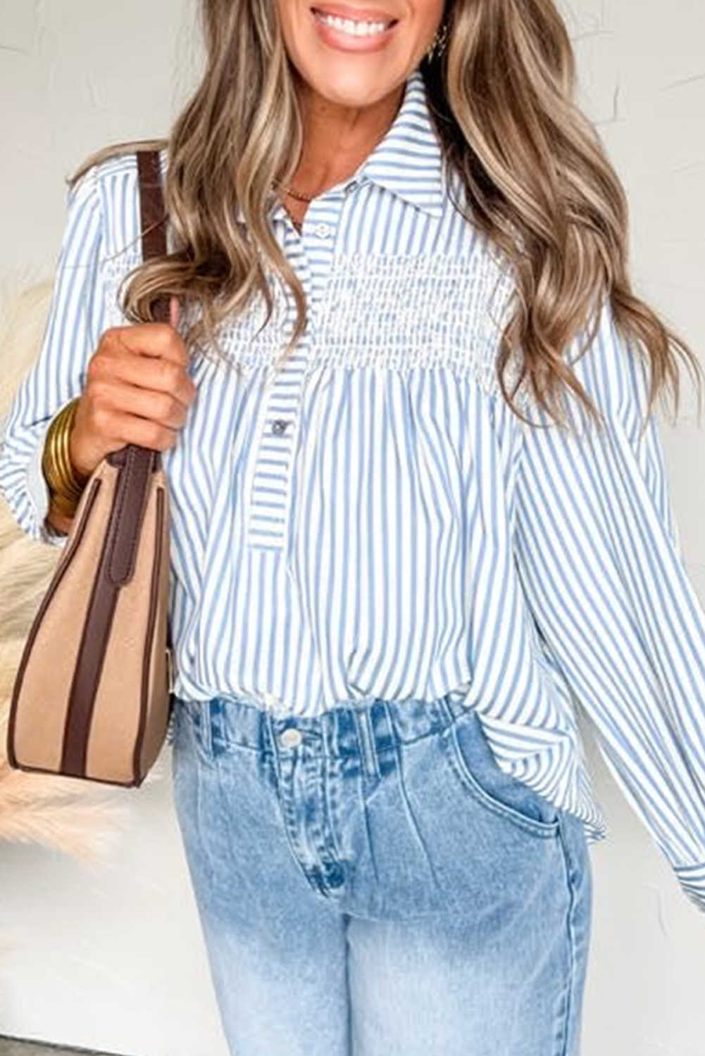 Sky Blue Striped Smocked Long Sleeve Quarter Button Shirt