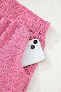 Pink Textured V Neck T Shirt and Shorts Set