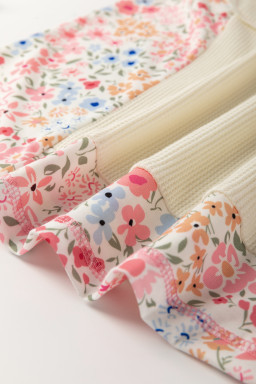 Beige Floral Patchwork Pocket Drop Sleeve Waffle T Shirt