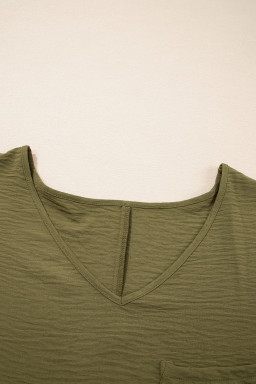 Green Solid Color V Neck Textured Plus Size Blouse