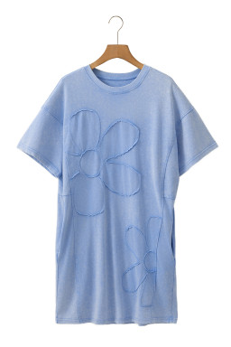 Sky Blue Mineral Wash Flower Patchwork Mini T Shirt Dress
