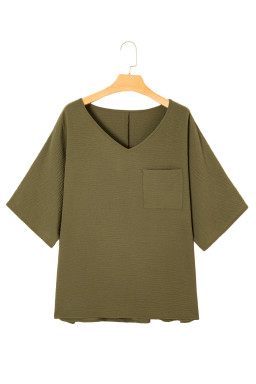 Green Solid Color V Neck Textured Plus Size Blouse