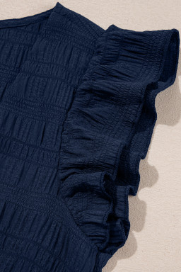 Dirty Blue Textured Ruffle Top and Shirred High Waist Shorts Set