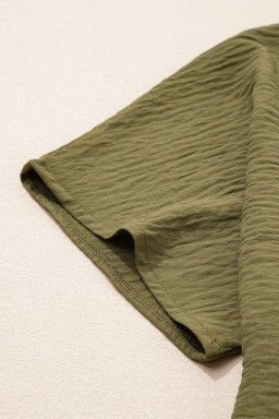 Green Solid Color V Neck Textured Plus Size Blouse