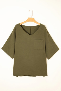 Green Solid Color V Neck Textured Plus Size Blouse