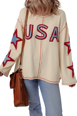 Beige USA Star Patchwork Exposed Seam Long Sleeve Top