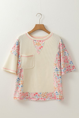 Beige Floral Patchwork Pocket Drop Sleeve Waffle T Shirt