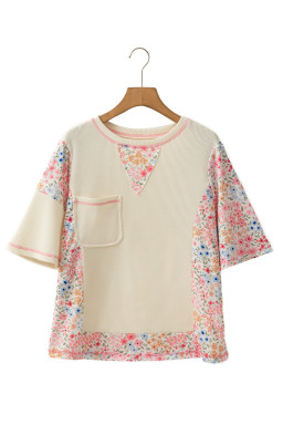 Beige Floral Patchwork Pocket Drop Sleeve Waffle T Shirt