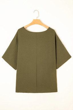 Green Solid Color V Neck Textured Plus Size Blouse