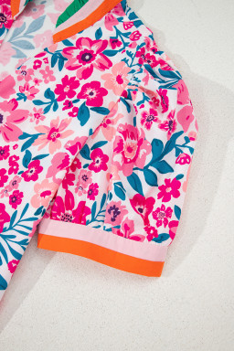 Pink Floral Print Striped Trim Puff Sleeve Blouse