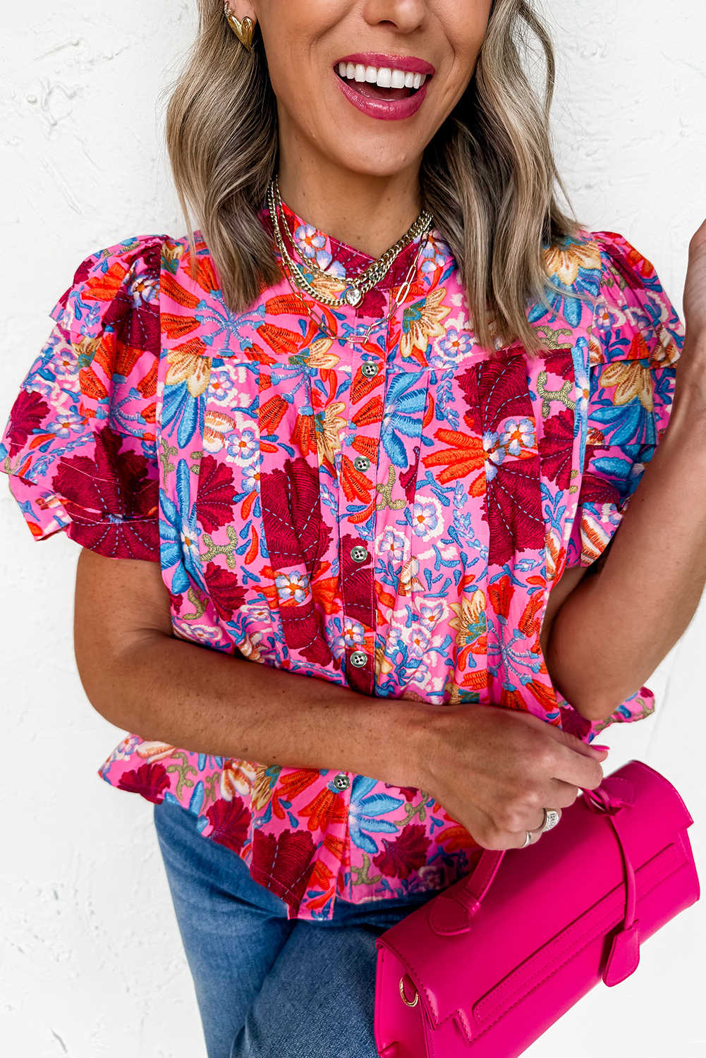 Pink Floral Print Bubble Sleeve Button Up Pleated Shirt