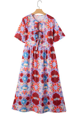 Rose Floral Print Tie Front High Waist Loose Midi Dress