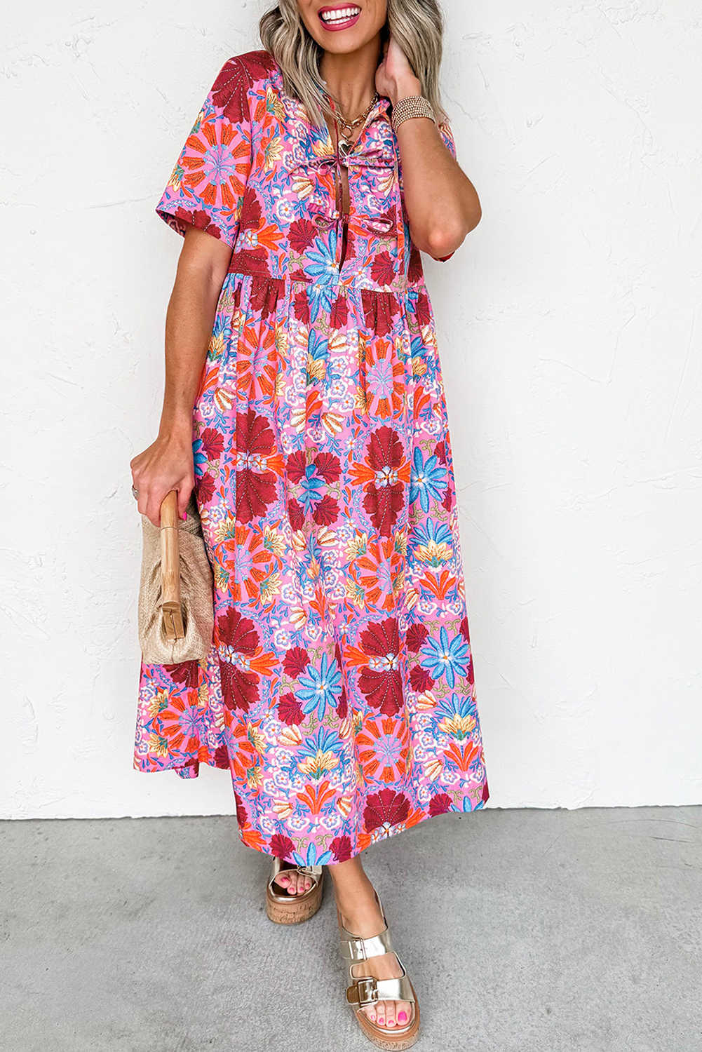 Rose Floral Print Tie Front High Waist Loose Midi Dress