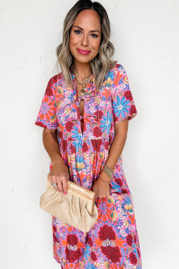 Rose Floral Print Tie Front High Waist Loose Midi Dress