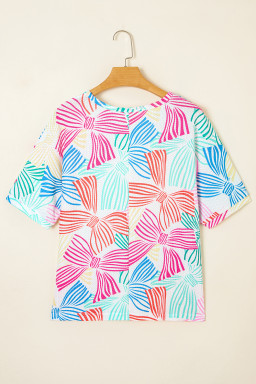 Multicolour Bowknot Print Waffle Loose Tee
