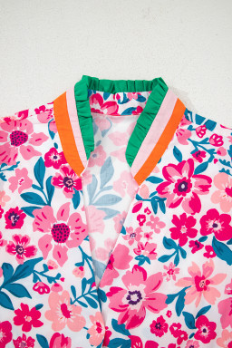 Pink Floral Print Striped Trim Puff Sleeve Blouse