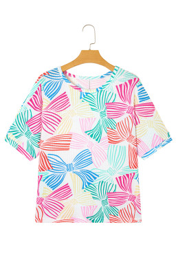 Multicolour Bowknot Print Waffle Loose Tee