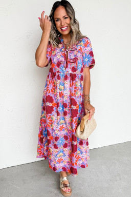Rose Floral Print Tie Front High Waist Loose Midi Dress