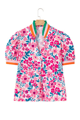 Pink Floral Print Striped Trim Puff Sleeve Blouse