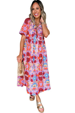 Rose Floral Print Tie Front High Waist Loose Midi Dress