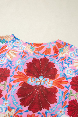 Rose Floral Print Tie Front High Waist Loose Midi Dress