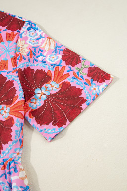 Rose Floral Print Tie Front High Waist Loose Midi Dress