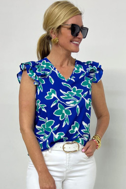 Blue V Neck Floral Print Ruffle Short Sleeve Blouse