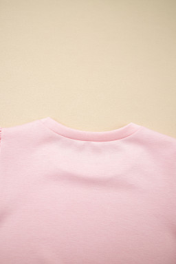 Light Pink Puff Sleeve Pearl Embellished Scallop Hem 2-Piece Shorts Set
