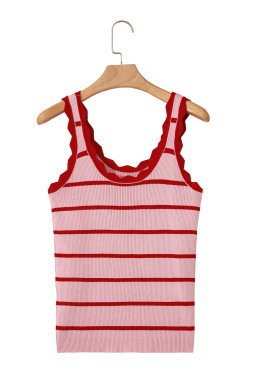 Rose Stripe Scalloped Edge Ribbed Tank Top