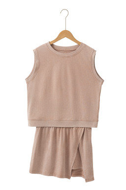 Smoke Gray 2 Pieces Mineral Wash Cotton Tank Top Lined Split Skort Set