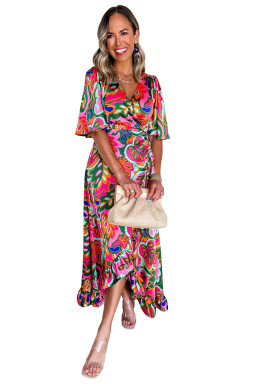 Rose Tropical Plant Print Surplice V Neck Ruffle Hem Maxi Dress